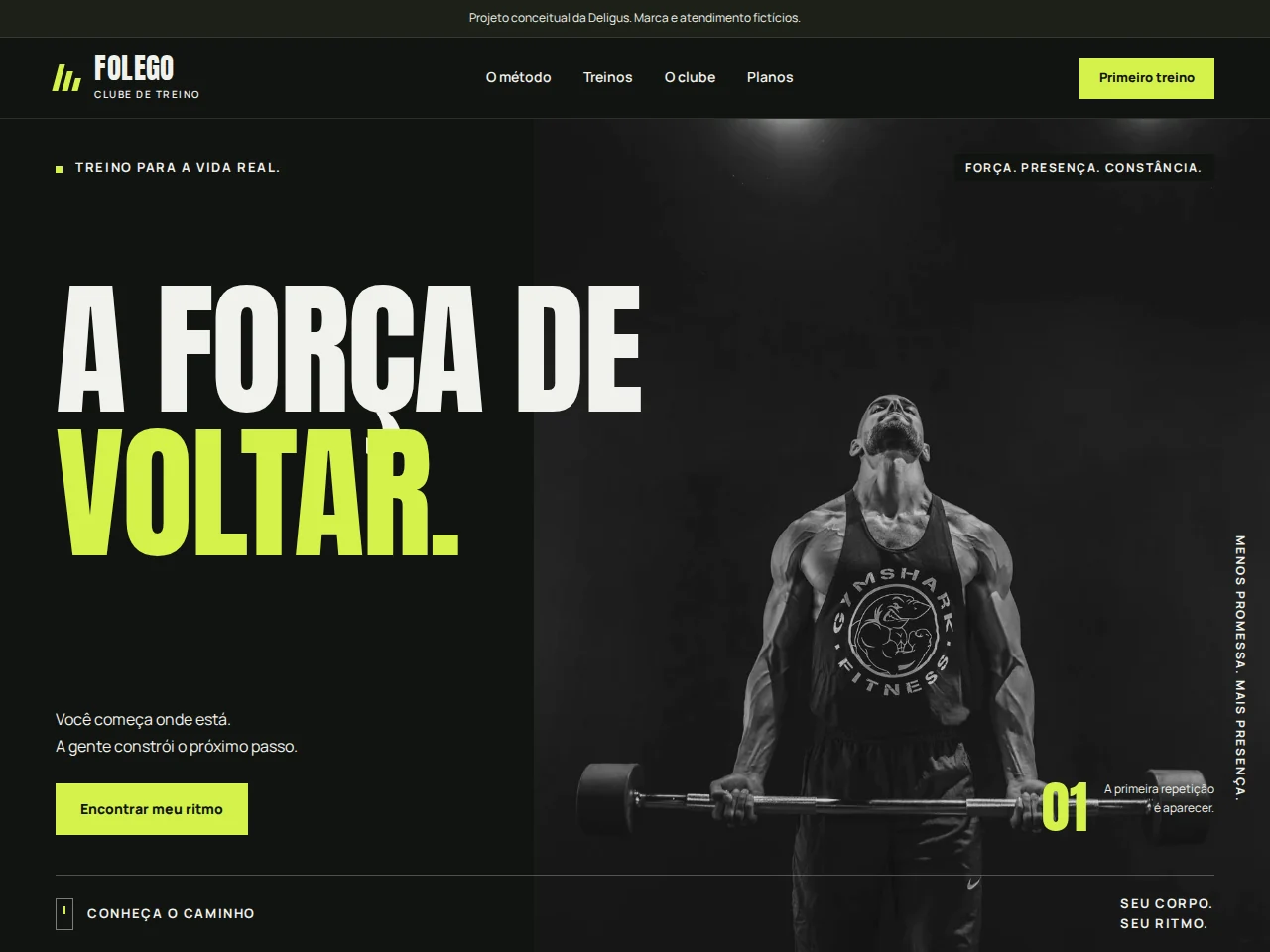 Conceito da academia FÔLEGO: atleta com barra, tipografia expressiva e acento em verde ácido