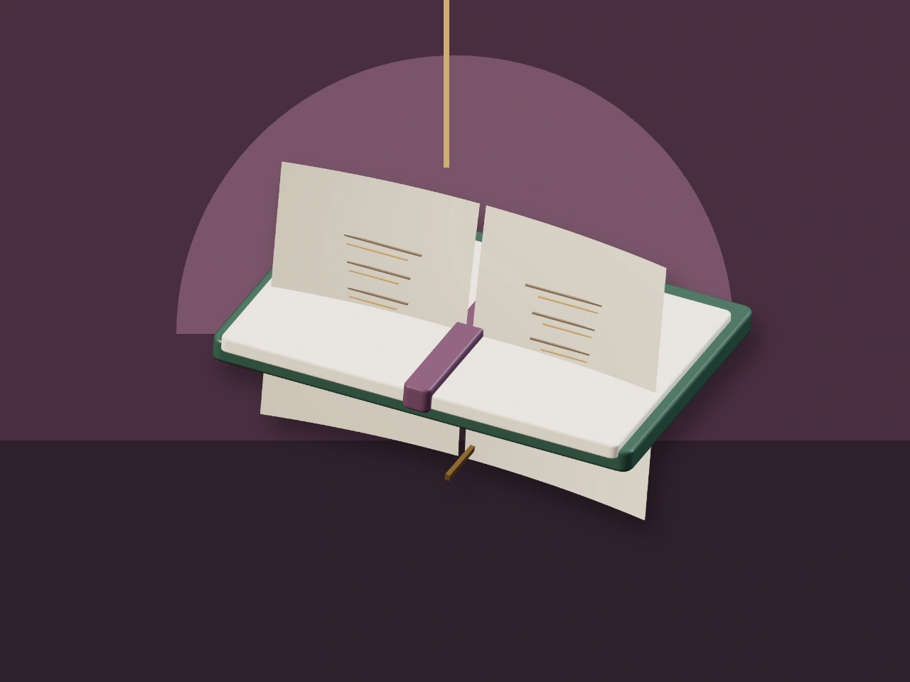 Livro aberto com páginas anotadas sobre fundo ameixa